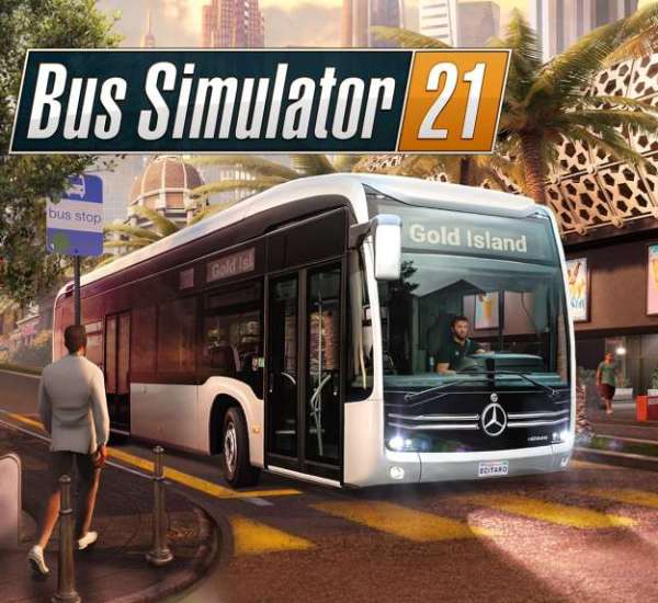 A Bus shown in the Sunset. Above the Text: Bus Simulator 21