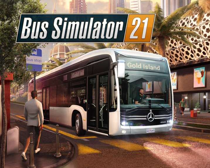 A Bus shown in the Sunset. Above the Text: Bus Simulator 21